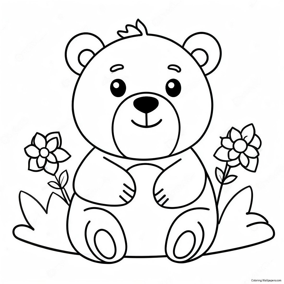 Cute Brown Bear With Flowers Coloring Page 3100