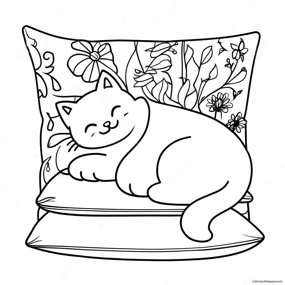 Cute Cat Sleeping On A Pillow Coloring Page 41381