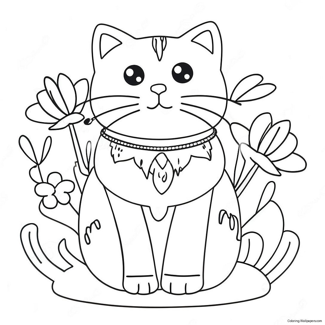 Schattige Kat Met Kleurrijke Bloemen Kleurplaat 48350