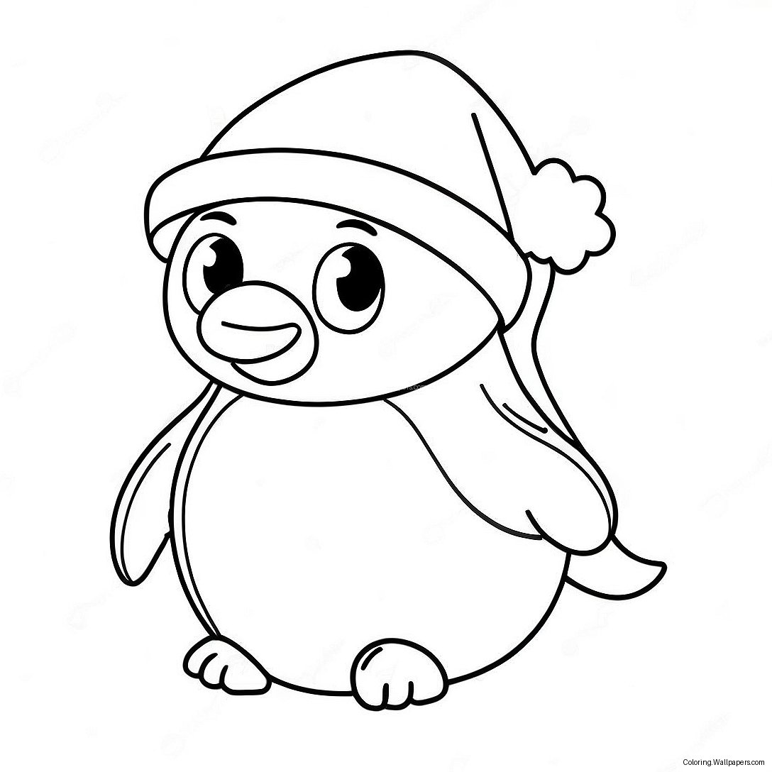 サンタ帽をかぶったかわいいクリスマスペンギンのぬりえページ 55670