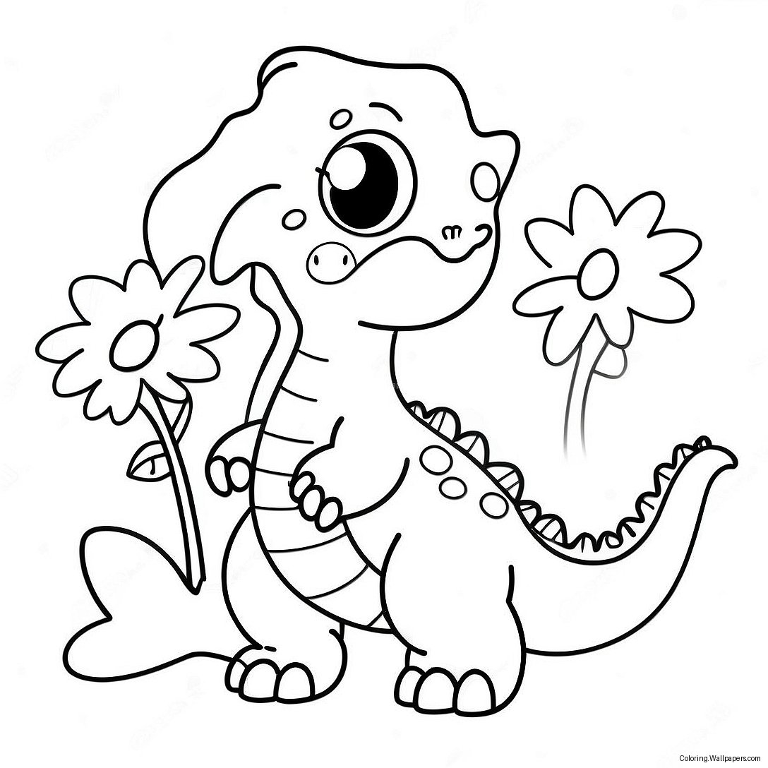 Sød Dinosaur Med Blomster Malebog 11142