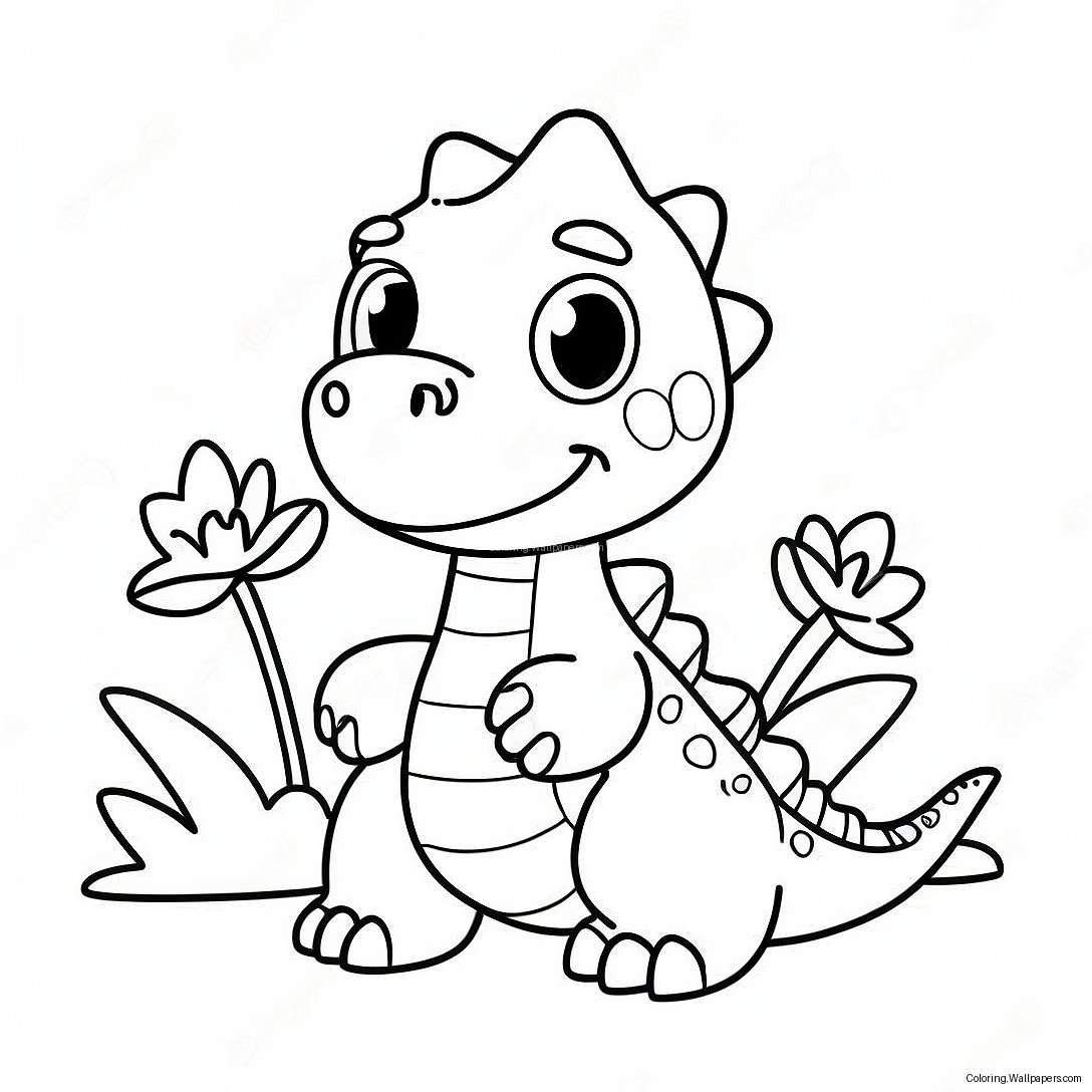 Cute Dinosaur With Flowers Coloring Page 11143