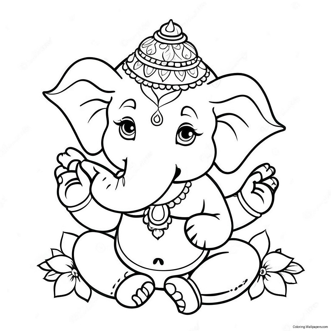 Page À Colorier Ganesha Mignon Avec Des Fleurs 39069