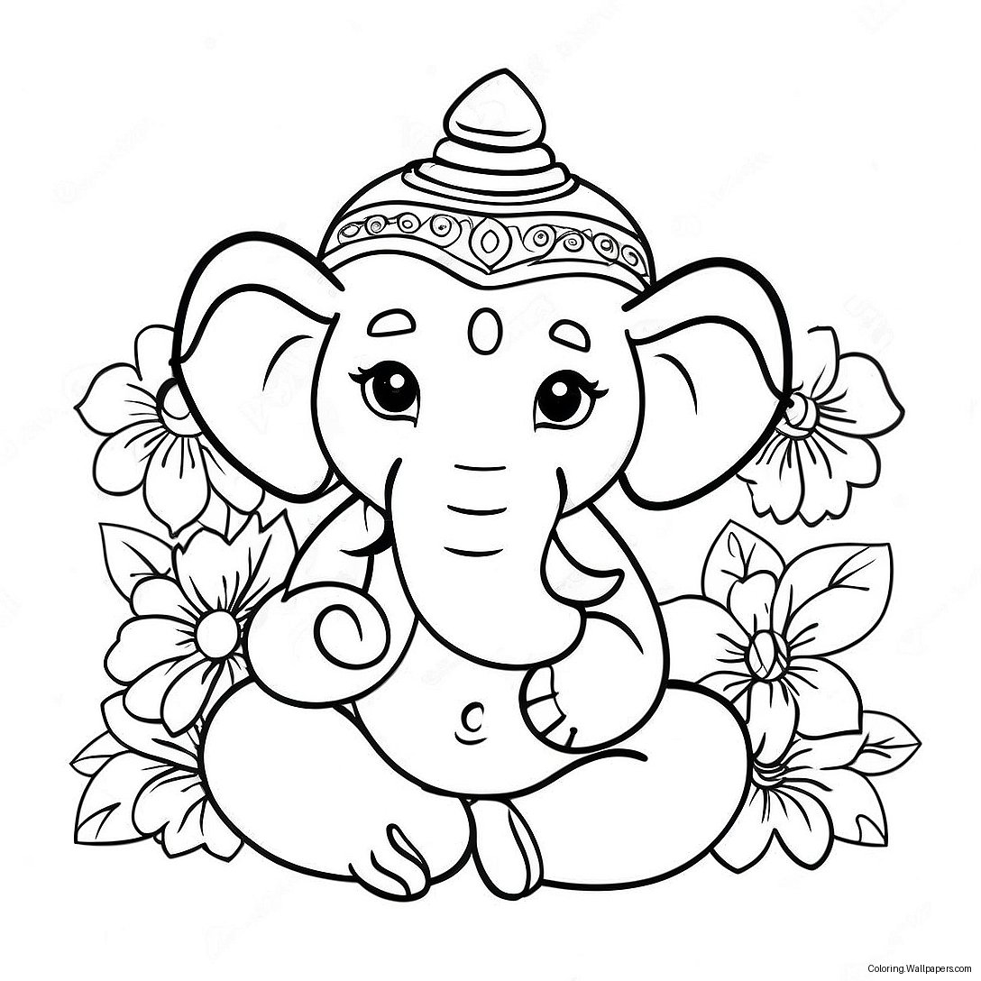 Página Para Colorir Ganesha Fofo Com Flores 39070