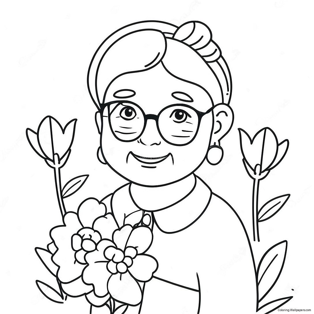 Cute Grandma With Flowers Coloring Page 37929