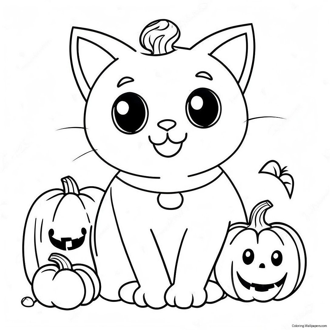 Cute Halloween Black Cat With Pumpkin Coloring Page 15349