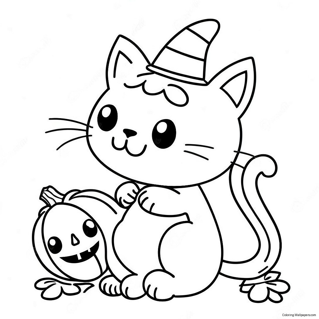 Cute Halloween Black Cat With Pumpkin Coloring Page 15352