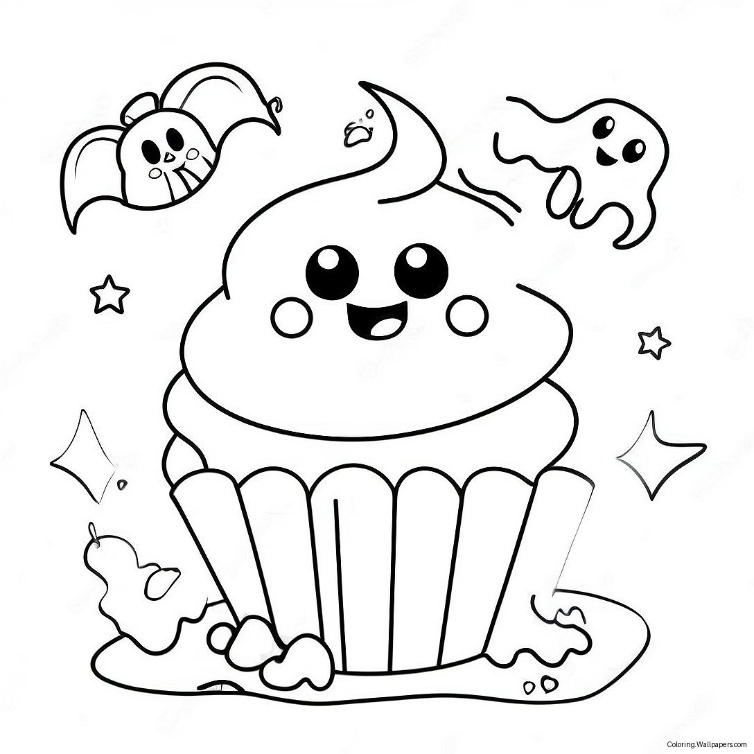 Página Para Colorear De Un Lindo Cupcake De Halloween Con Decoración De Fantasma 39483