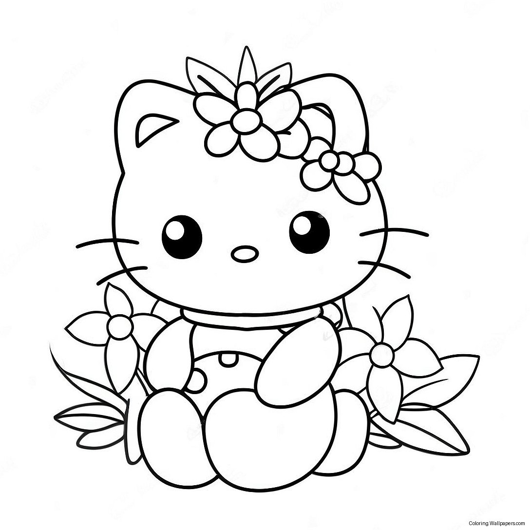 Pagini De Colorat Cu Hello Kitty Drăguță Și Flori 6649