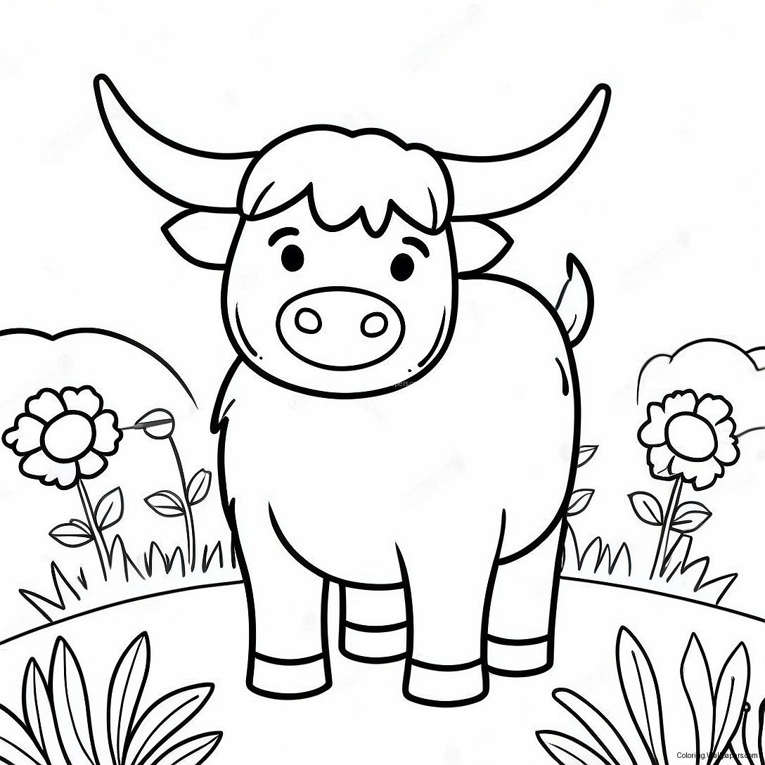 Página Para Colorear De Una Linda Vaca De Las Tierras Altas En Un Campo De Flores 13739