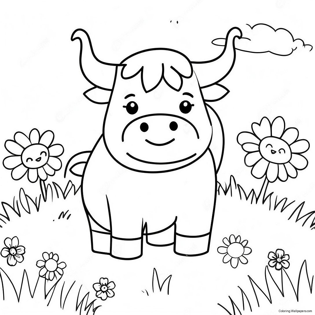 Página Para Colorear De Una Linda Vaca De Las Tierras Altas En Un Campo De Flores 13740