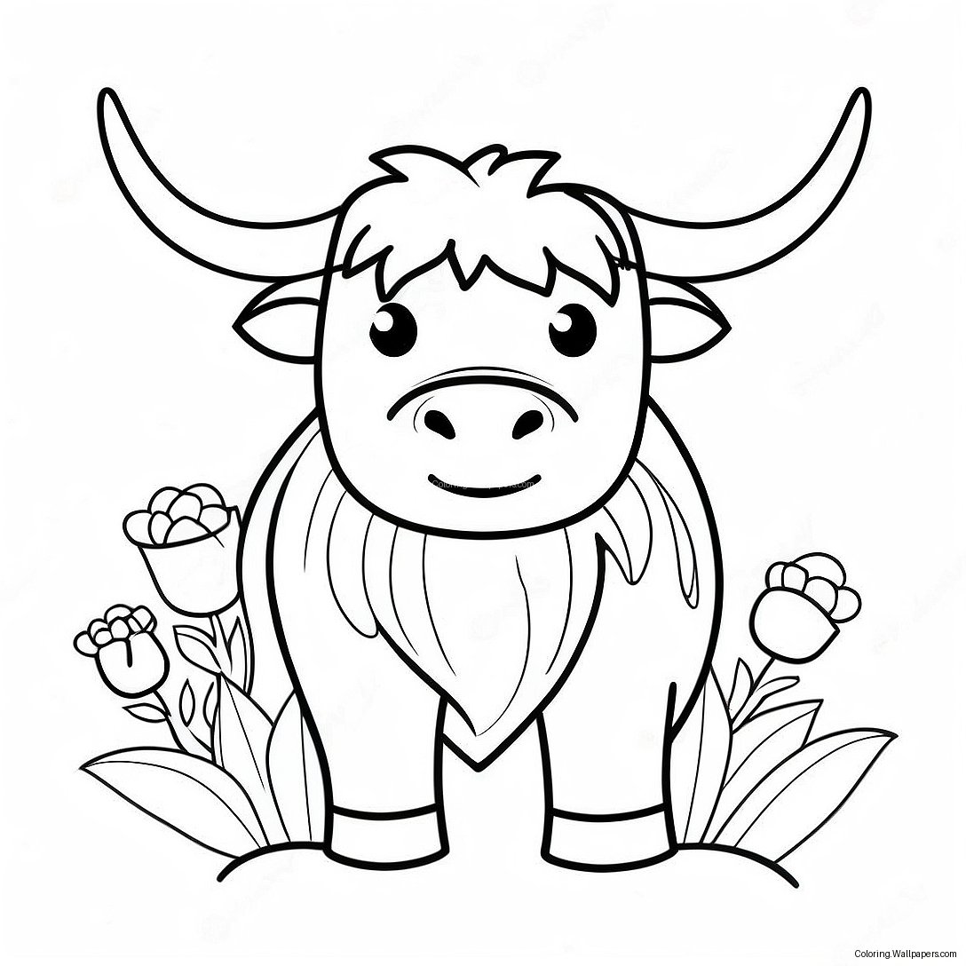 Cute Highland Cow With Flowers Coloring Page 49180