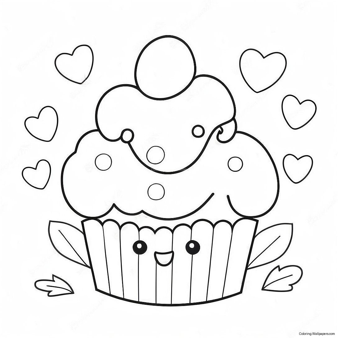 Cute Kawaii Cupcake With Hearts Coloring Page 33413