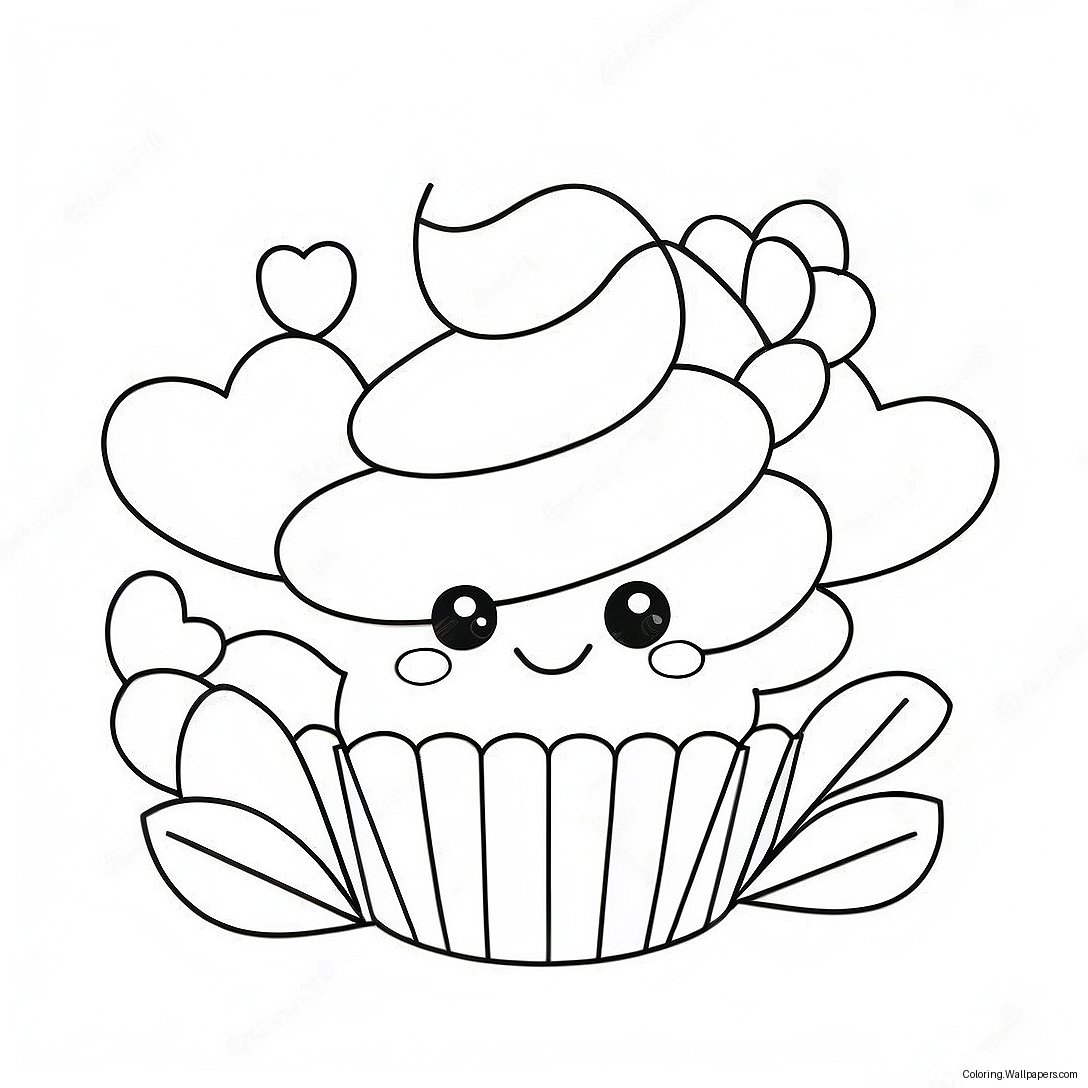 Cute Kawaii Cupcake With Hearts Coloring Page 33415