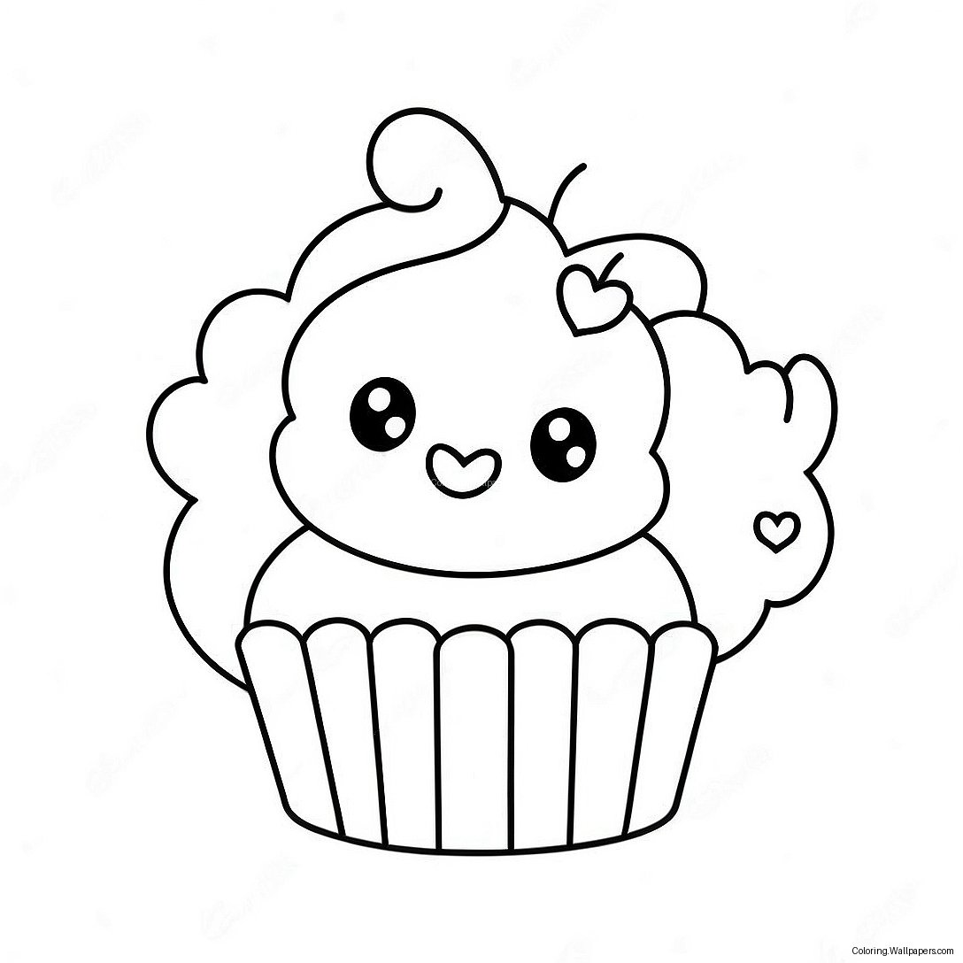 Cute Kawaii Cupcake With Hearts Coloring Page 33416