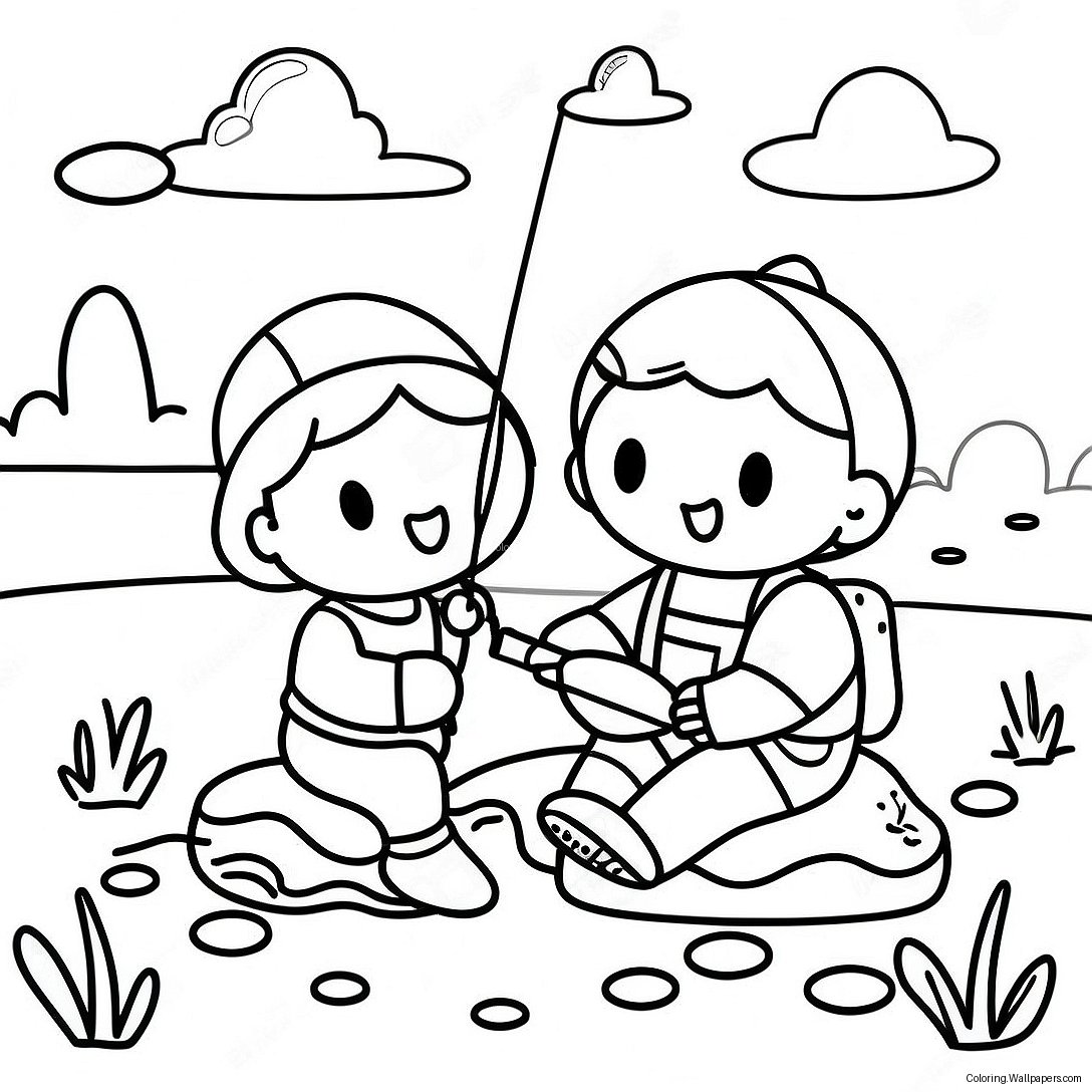 Cute Kids Fishing By The Lake Coloring Page 35585