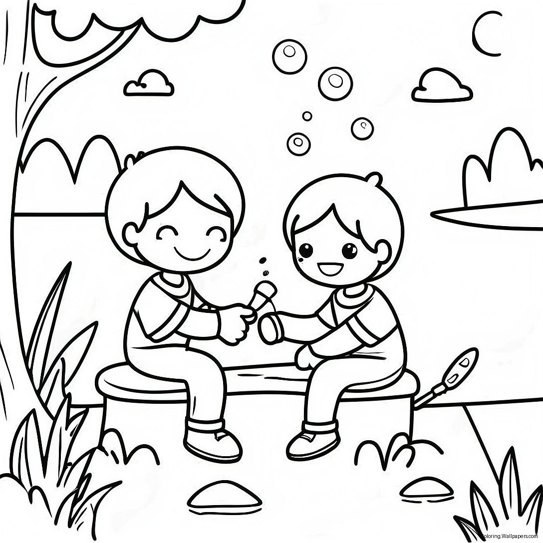 Cute Kids Fishing By The Lake Coloring Page 35588