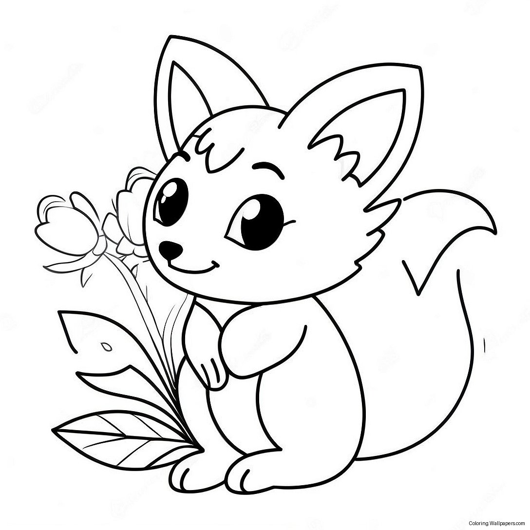 Página Para Colorir Do Fofo Kitsune Com Flores 20347