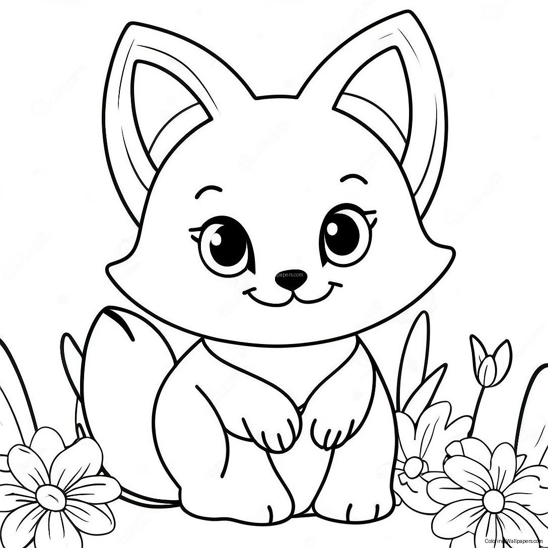 Cute Kitsune With Flowers Coloring Page 20348