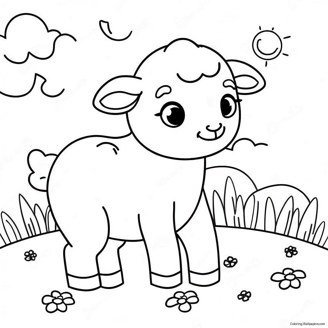 Cute Lamb In A Meadow Coloring Page 19809