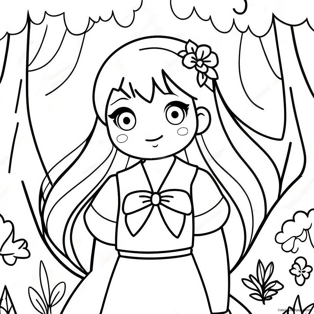 Cute Long Hair Anime Girl In A Fantasy Forest Coloring Page 18030