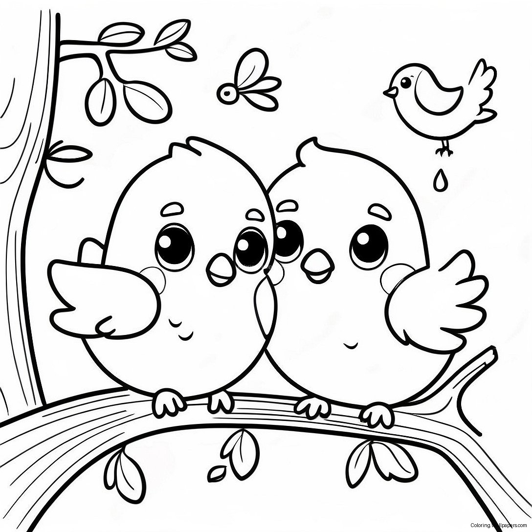 Cute Love Birds On A Branch Coloring Page 25632