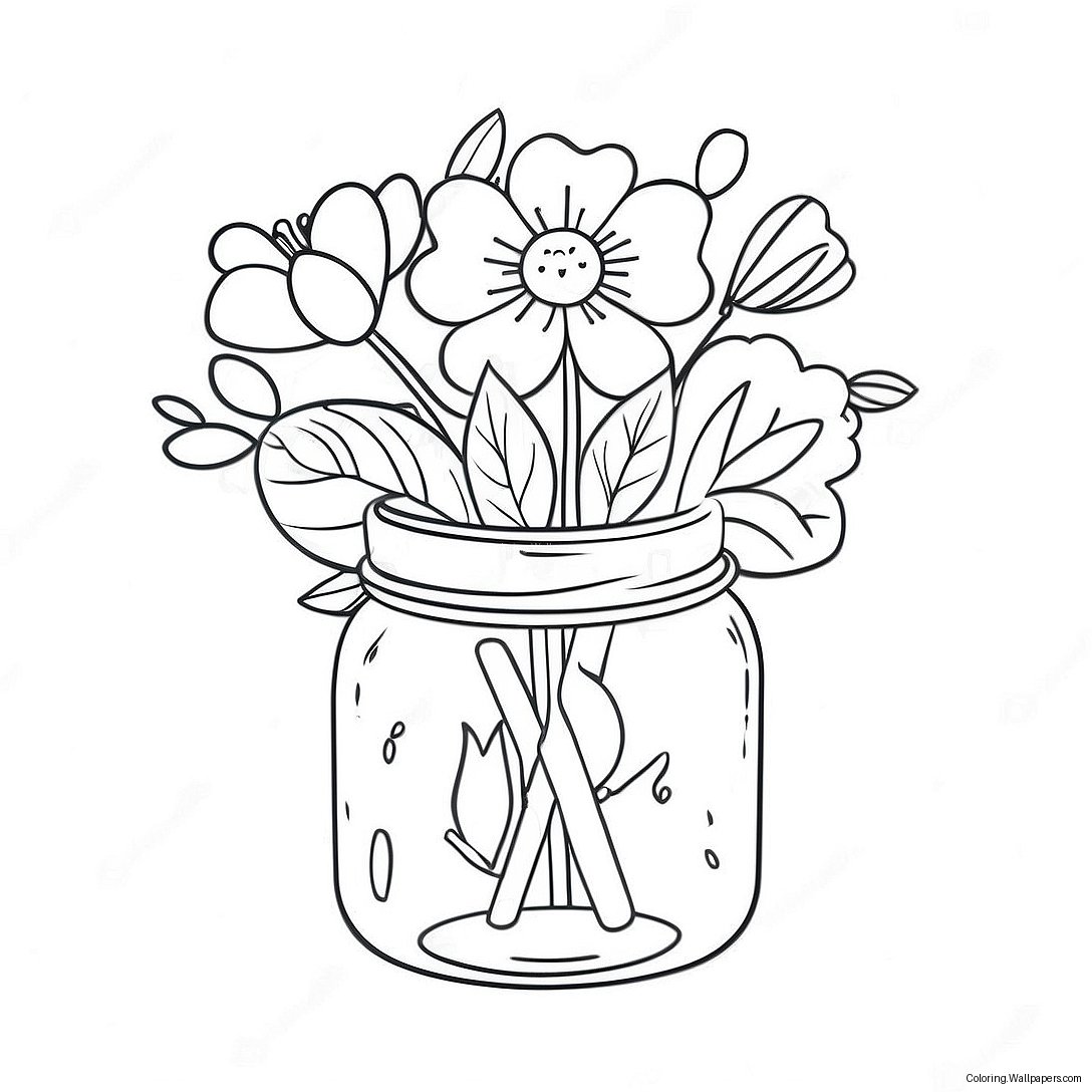 Cute Mason Jar With Flowers Coloring Page 14432