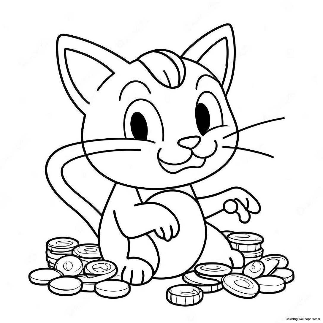 Página Para Colorir De Meowth Fofo Brincando Com Moedas 20998