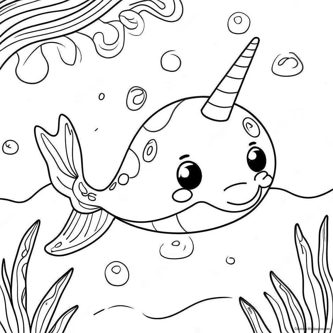 Cute Narwhal Swimming Coloring Page 3538