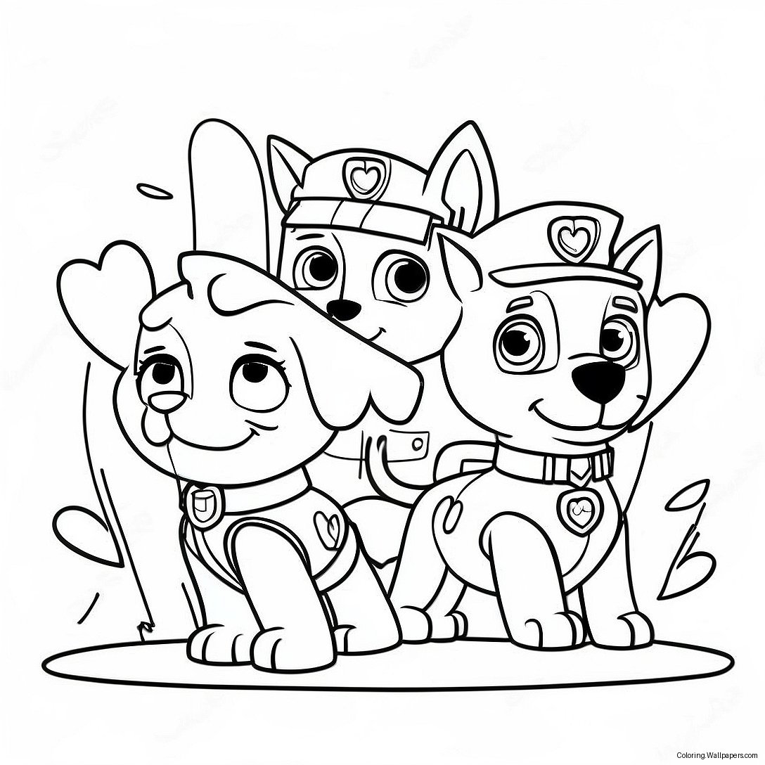 Cute Paw Patrol Characters With Hearts Coloring Page 18129