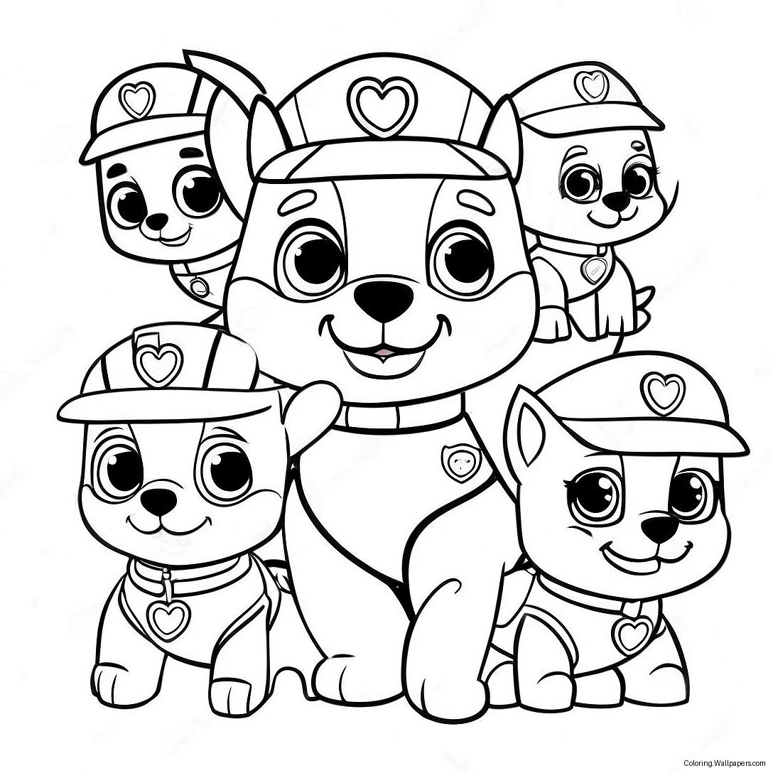 Cute Paw Patrol Characters With Hearts Coloring Page 41076