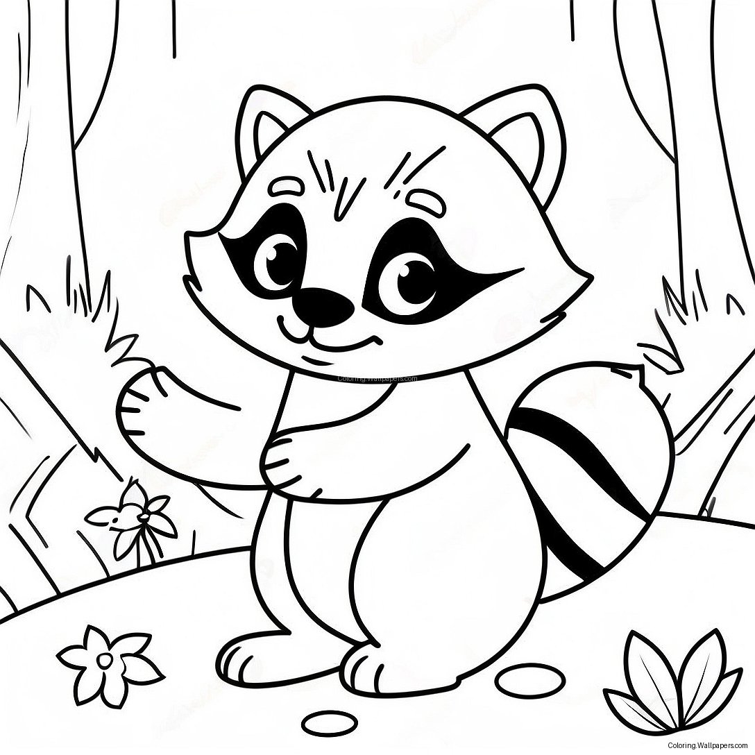 Página Para Colorear De Un Lindos Mapache Jugando En El Bosque 5868