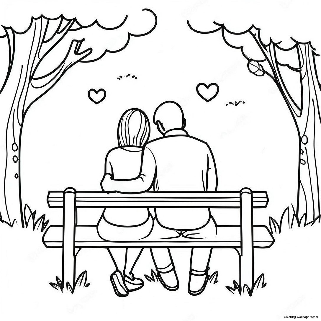 Cute Romantic Couple Sitting On A Bench Coloring Page 33617