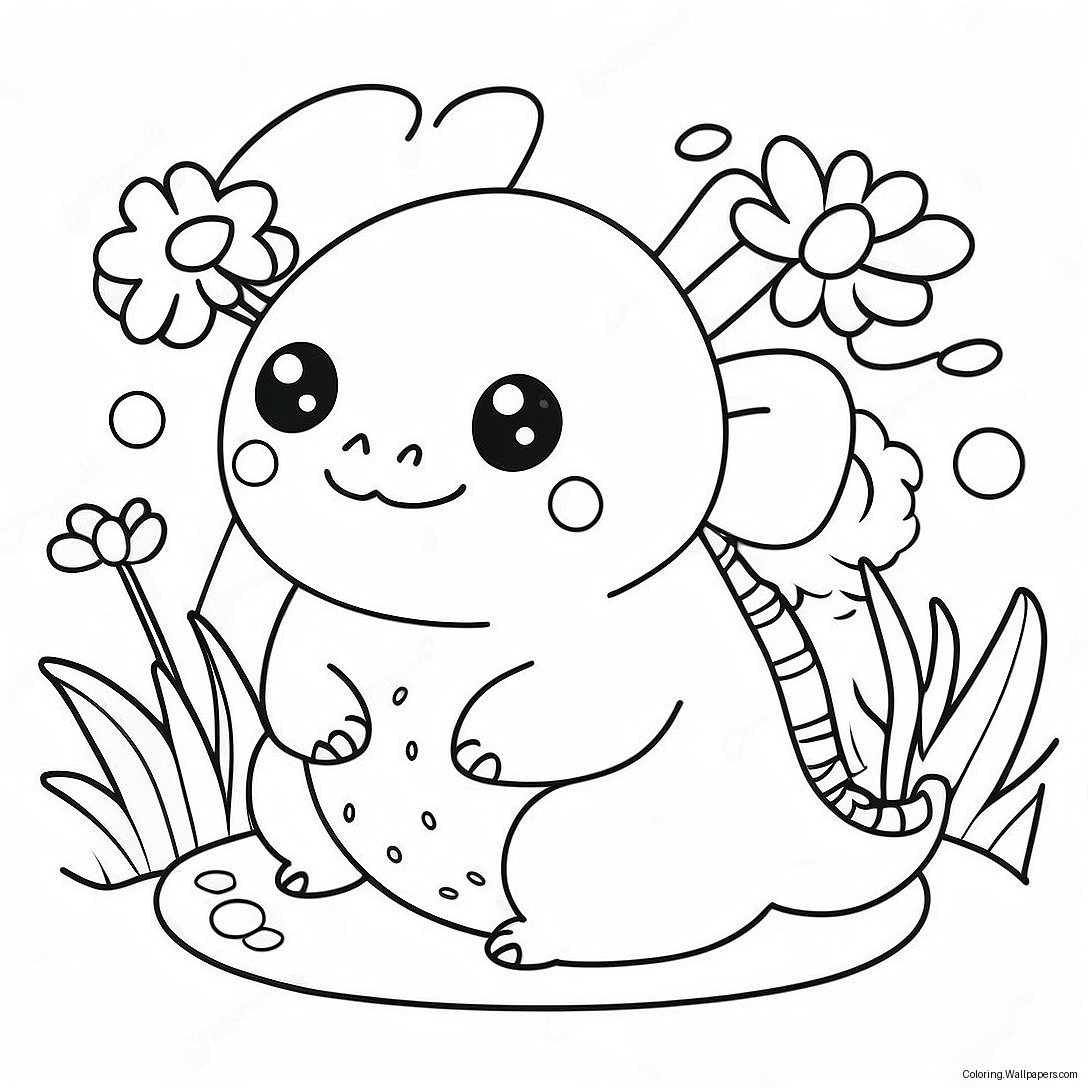 Pagini De Colorat Cu Axolotl Squishmallow Drăguț Cu Flori 5374