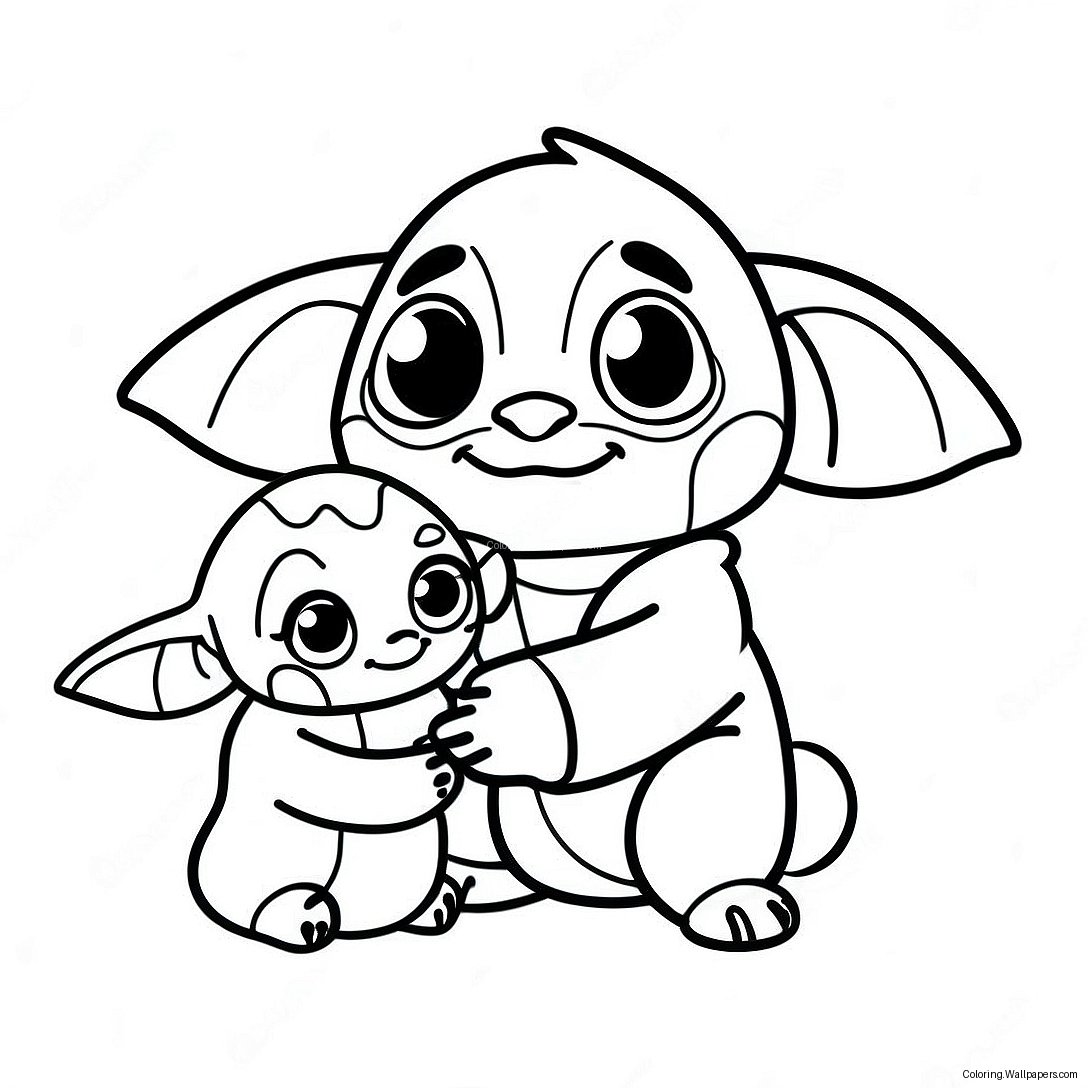 Söta Stitch Och Baby Yoda Vänner Färgläggningssida 12293