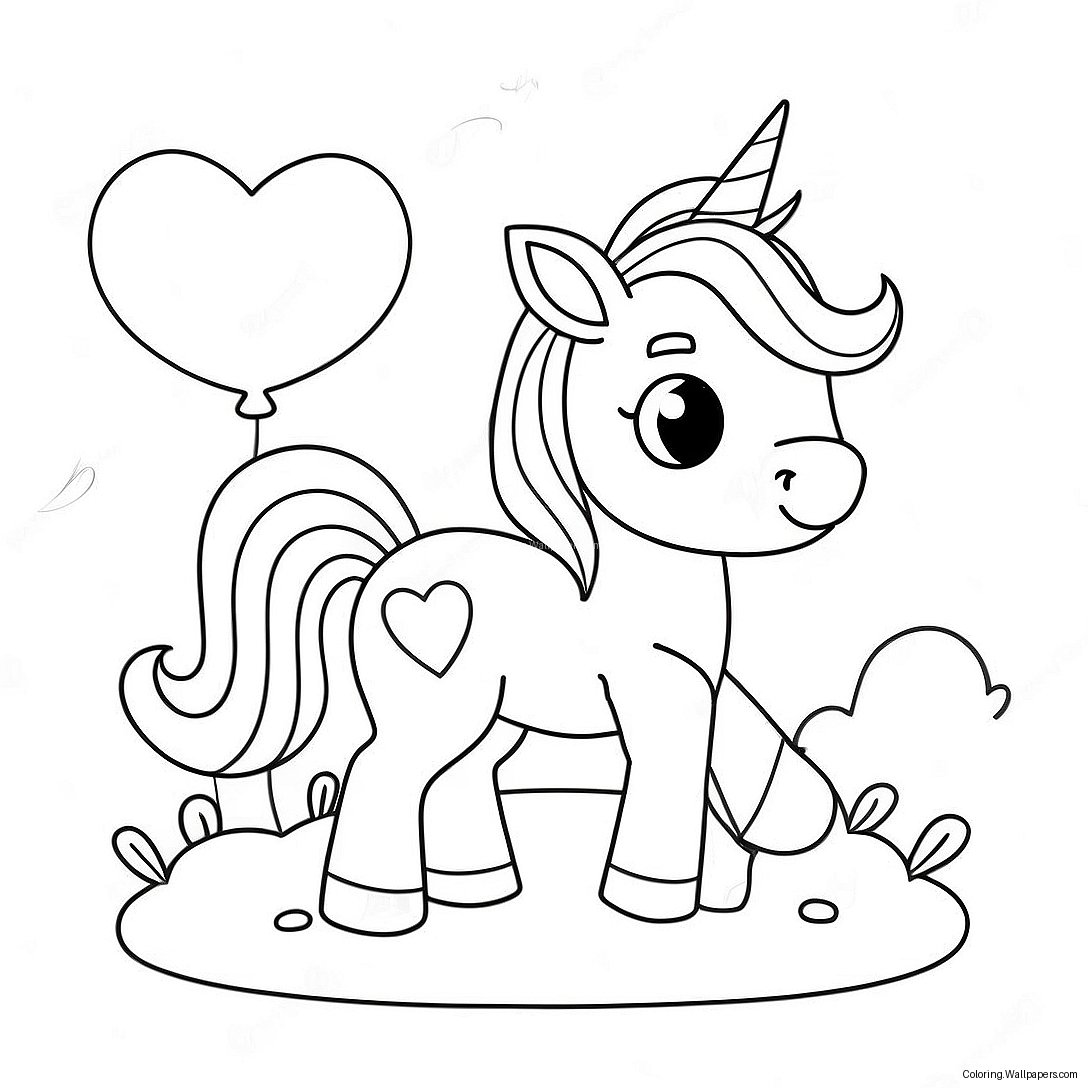 Carino Unicorno Con Palloncini A Cuore Pagina Da Colorare 34773