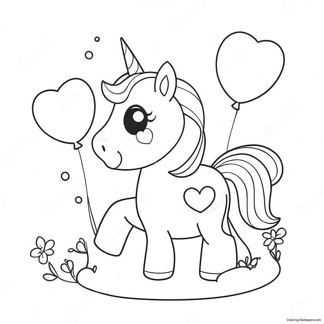 Cute Unicorn With Heart Balloons Coloring Page 42569