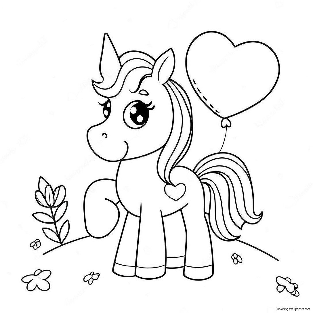 Cute Unicorn With Heart Balloons Coloring Page 42570