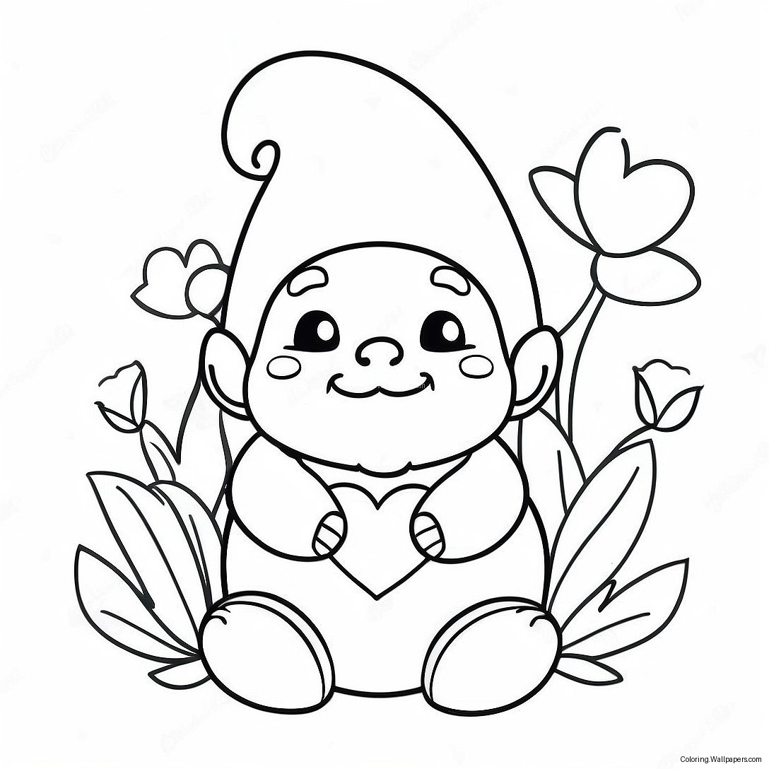 Cute Valentine's Day Gnome With Flowers Coloring Page 40706