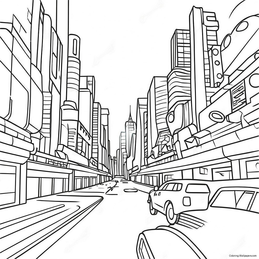 Cyberpunk Cityscape Coloring Page 23754