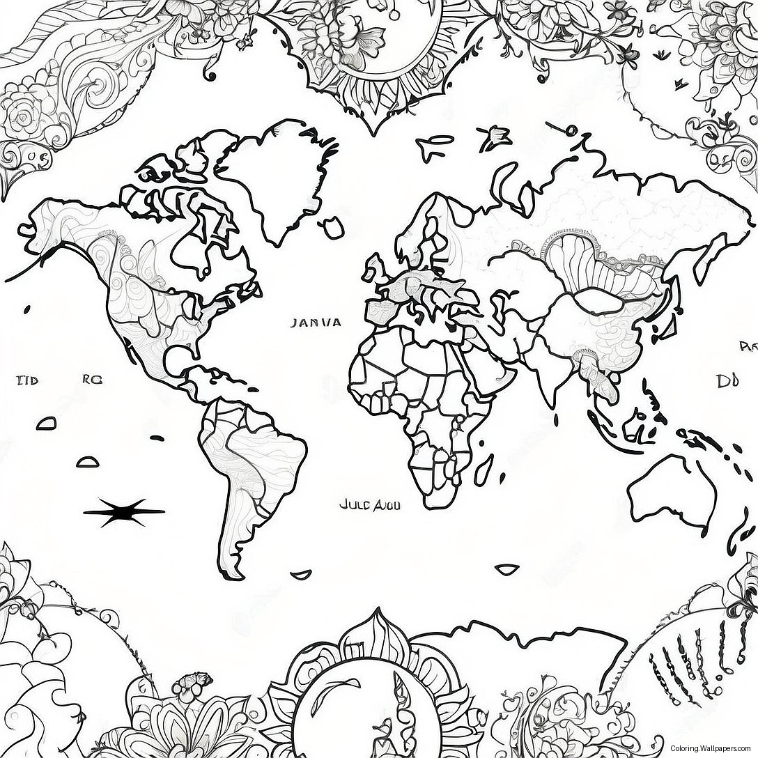 Detailed World Map Coloring Page 7788