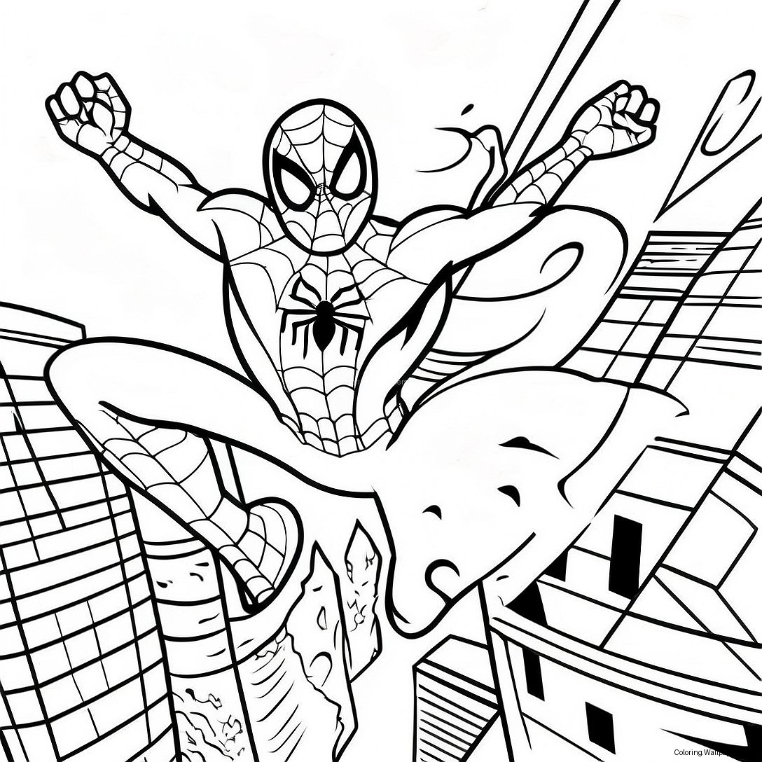 Dynamic Spiderman Swinging Through City Coloring Page 16050