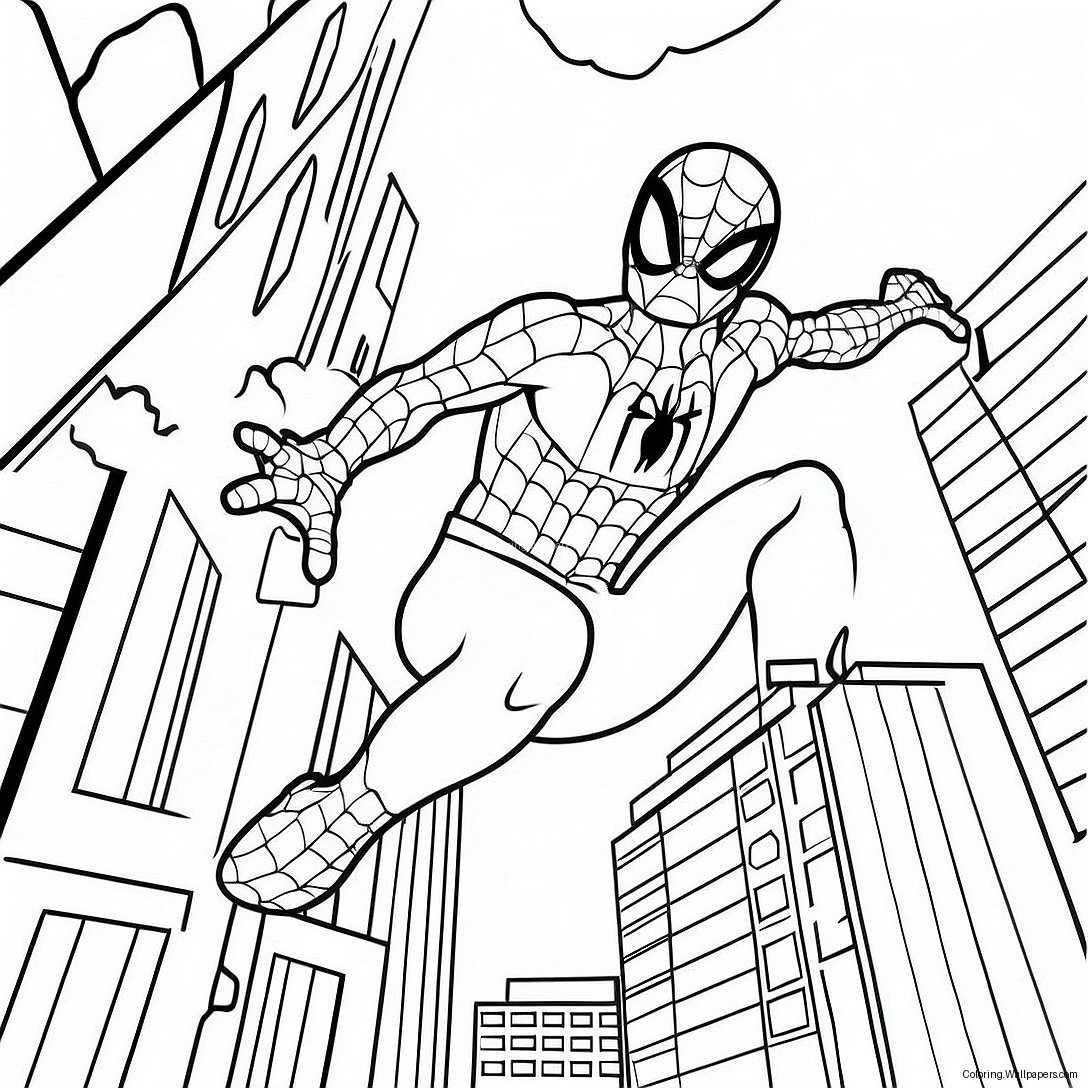 Dynamischer Spiderman Schwingt Durch Die Stadt Ausmalbild 16052