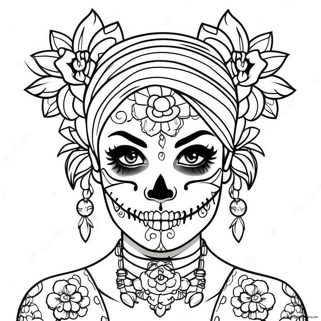 Edgy Gangsta Sugar Skull Girl With Tattoos Coloring Page 13089