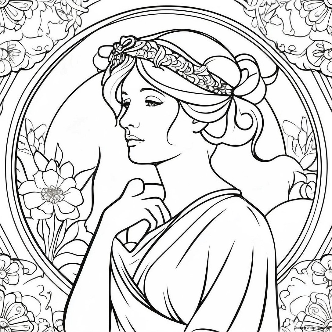 Elegant Alphonse Mucha Dam Färgläggningssida 42897