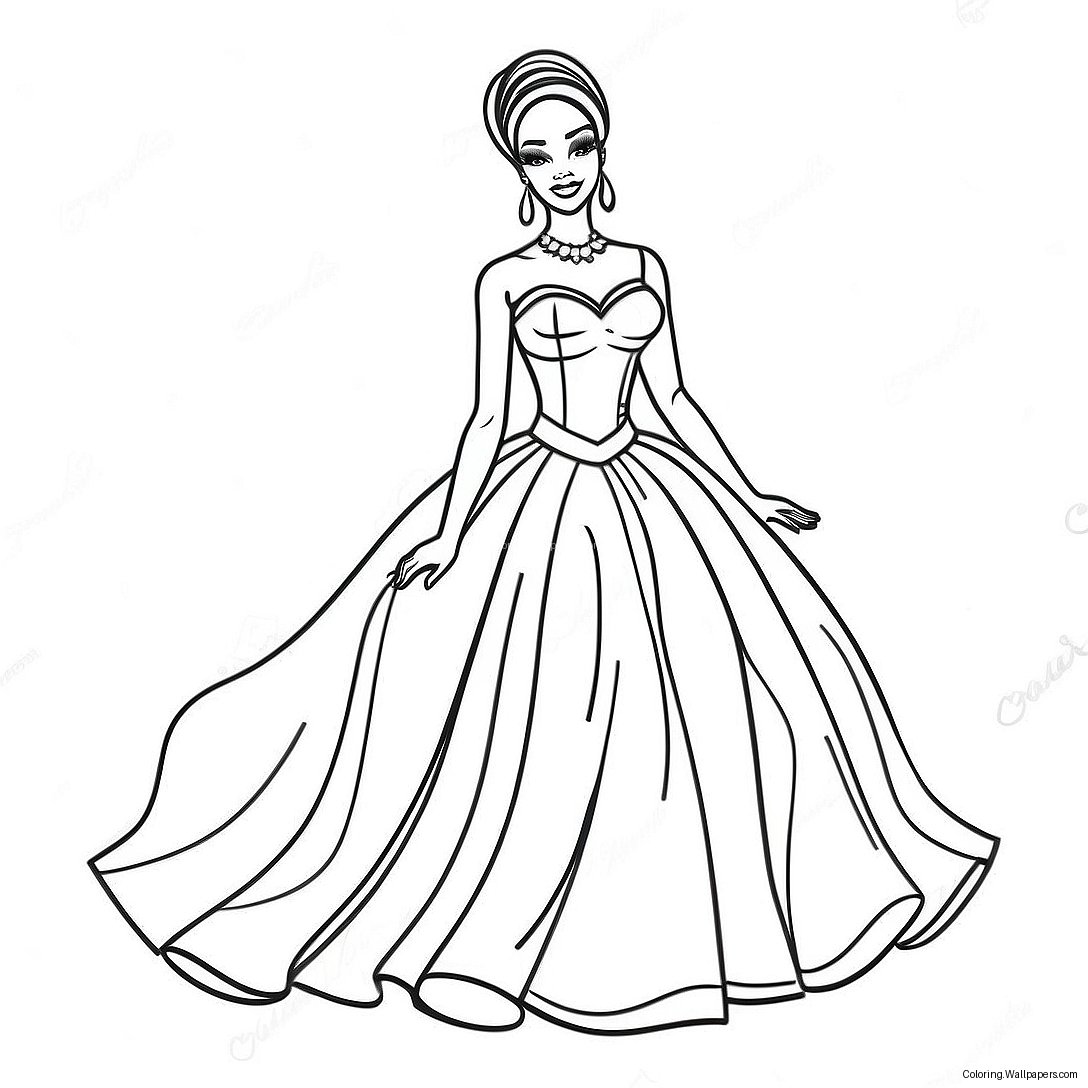 Elegant Black Barbie In A Ball Gown Coloring Page 34153