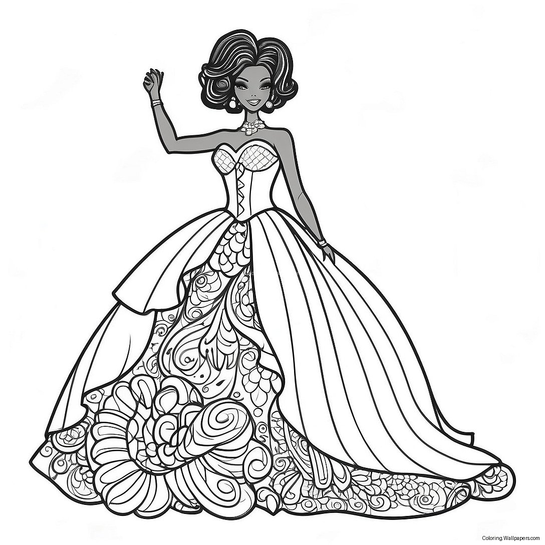 Elegant Black Barbie In A Ball Gown Coloring Page 34155