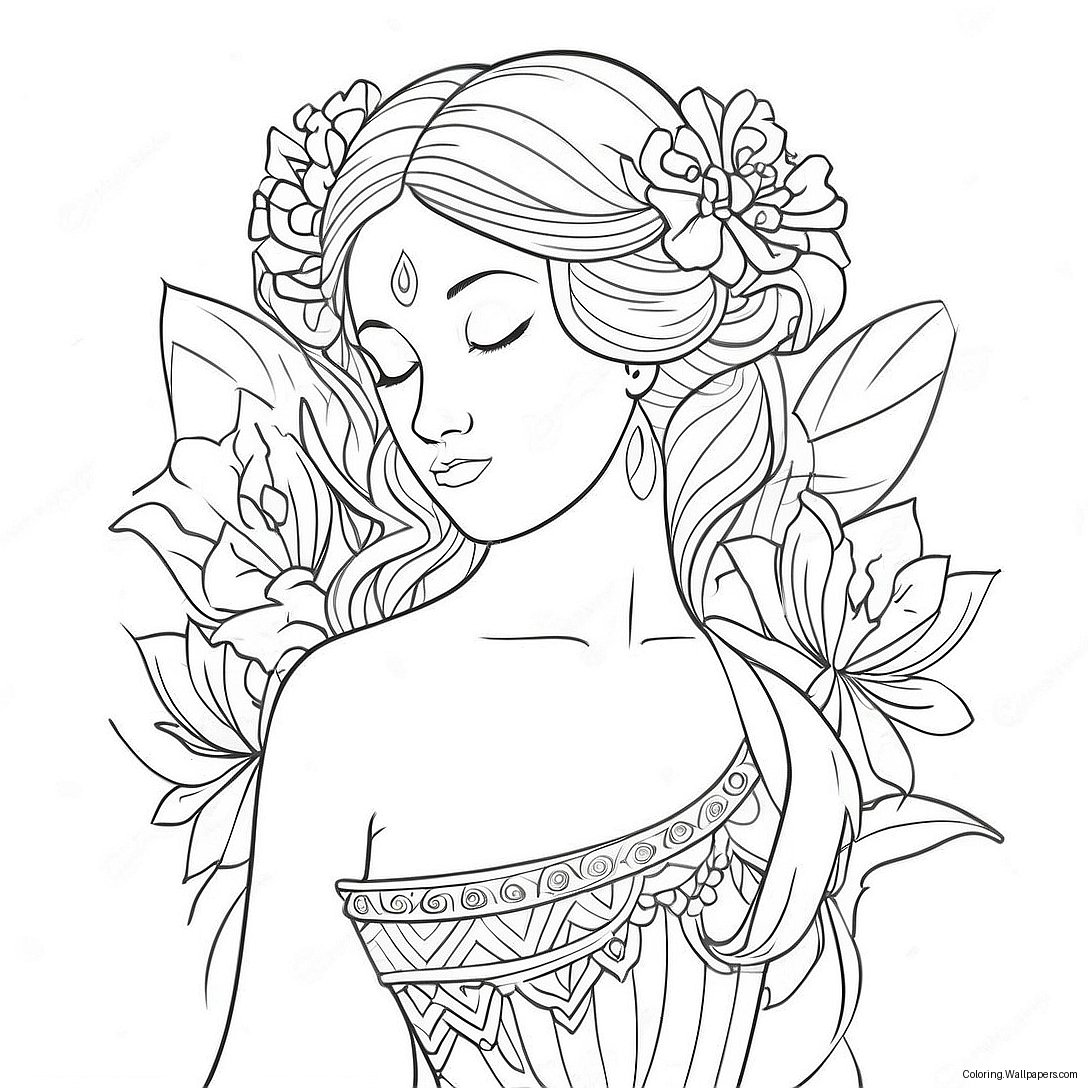 Elegant Goddess With Flowers Coloring Page 7677