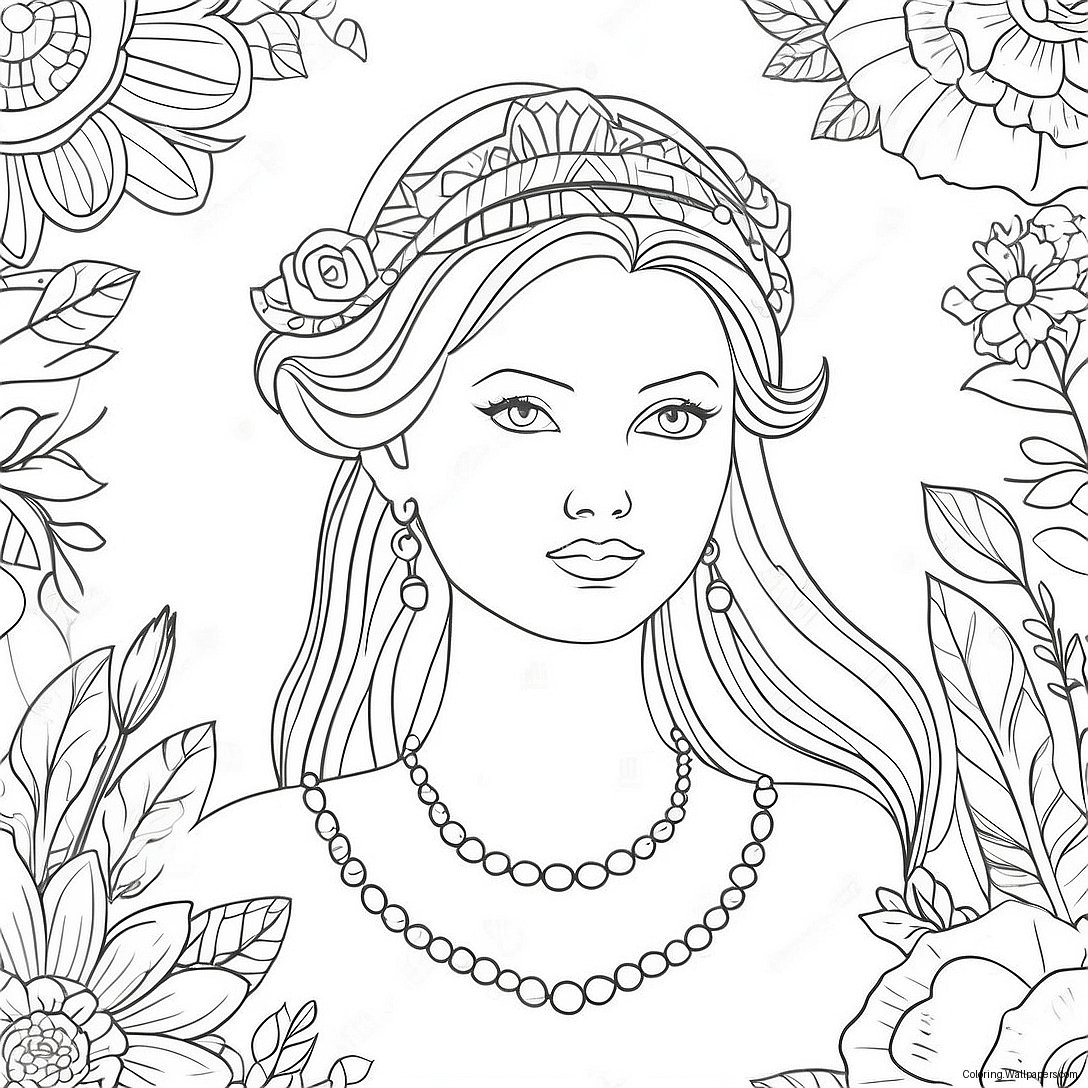 Elegant Goddess With Flowers Coloring Page 7679