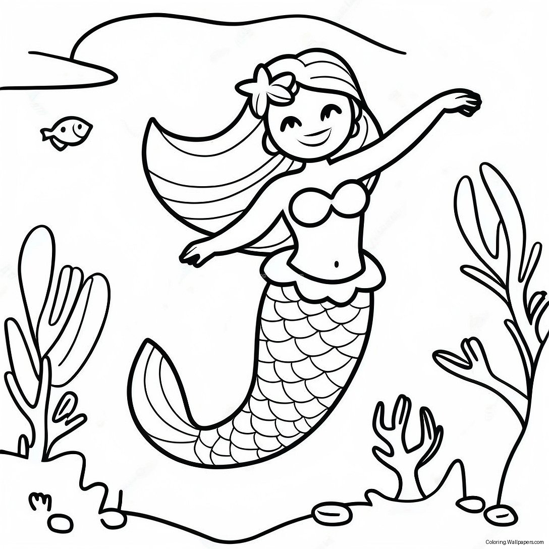 Página Para Colorear De Una Sirena Elegante Nadando En Un Arrecife De Coral 43463